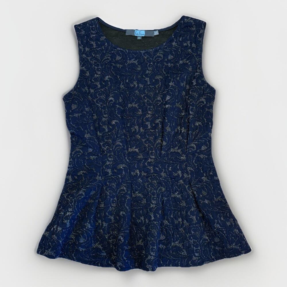 Anthropologie Eva Franco Shimmering Peplum Top Size XS Navy Silver Sleeveless